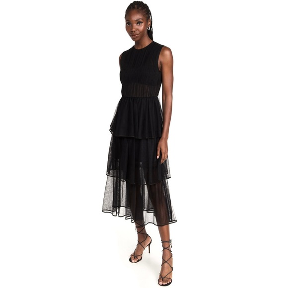 NEW JONATHAN SIMKHAI BLACK TIERED TULLE MIDI DRESS - Picture 9 of 10